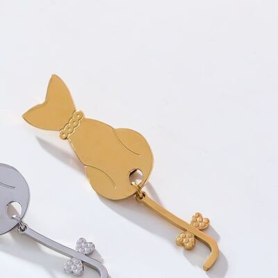 Gold cat brooch with tail in stainless steel