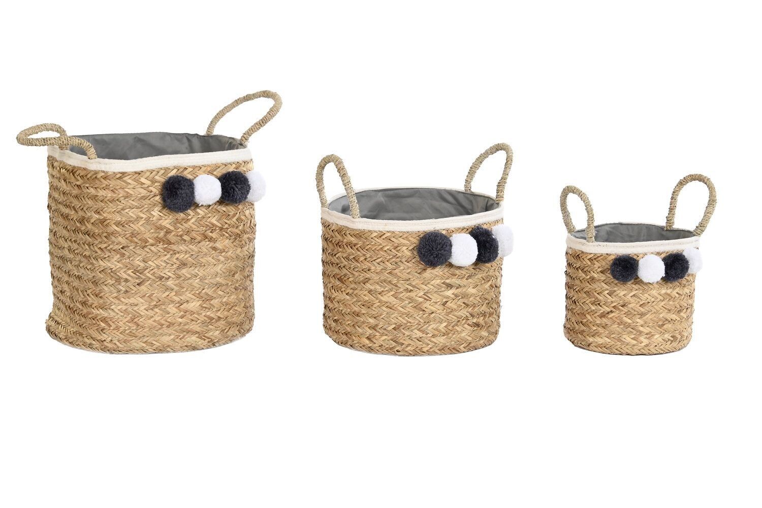BASKET SET 3 COTTON FIBER 41X37X36 NATURAL POMPOM DC202364