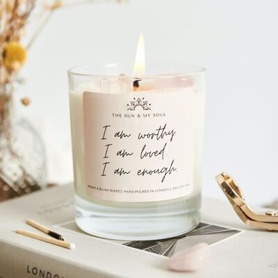 Self-love Affirmation Crystal Candle with Rose Quartz and Clear Quartz Scent - Peony, Blush Suede