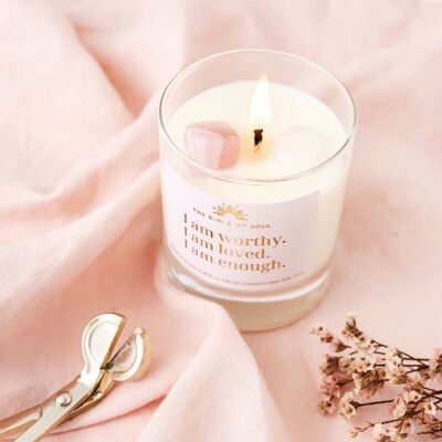 Bougie en cristal d’affirmation d’amour-propre avec quartz rose et parfum de quartz clair - Pivoine, daim blush