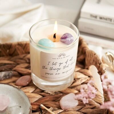 Calm Affirmation Crystal Candle with Amazonite and Amethyst, Scent - Citrus, Bergamot, Jasmine