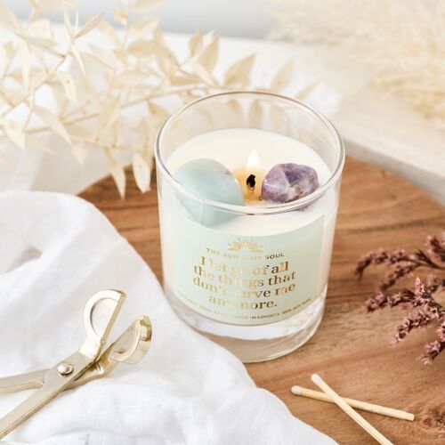 Calm Affirmation Crystal Candle with Amazonite and Amethyst, Scent - Mandarin, Basil, Lime