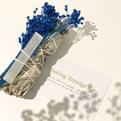 Kit di sbavature curative - Sbavatura di salvia bianca con selenite e fiori di campo blu