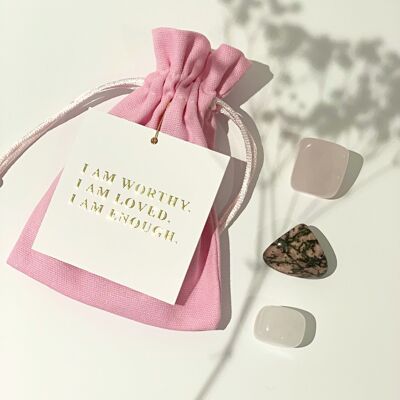 Kit de cristal de amor propio con tarjeta de afirmación - Juego de 3 cristales (cuarzo rosa, cuarzo transparente, rodonita)