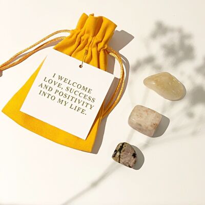 Kit de cristaux positifs avec carte d'affirmation - Ensemble de 3 cristaux (citrine, pierre de soleil, rhodonite)