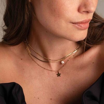 Isadora-Halskette – 3-reihig, Kabelglied, Panzerkette und Spiegel, Stern und Süßwasserperle