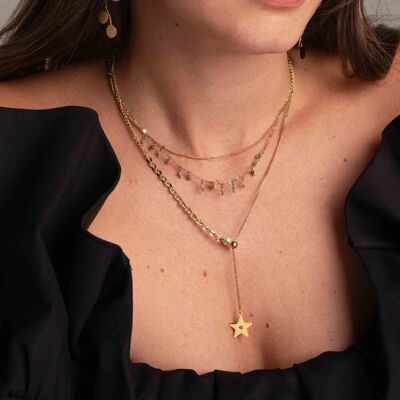 Collar Isadora Y - cadena barbada, anillos estriados, estrella y perla de agua dulce
