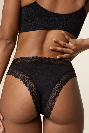 Tanga Brésilien Coton BIO & Dentelle - Paillettes Black 1