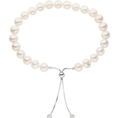 Pulsera de perlas con circonitas plateadas - agua dulce redonda blanca