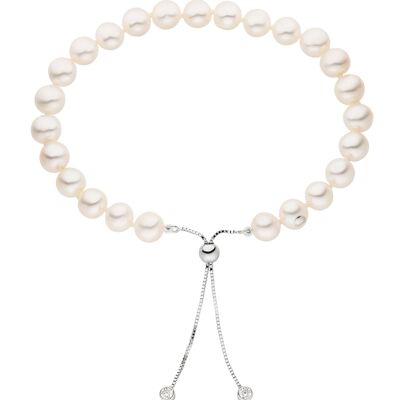 Pulsera de perlas con circonitas plateadas - agua dulce redonda blanca