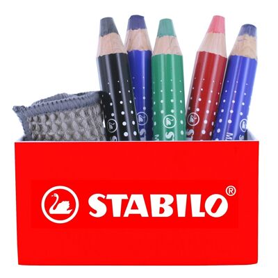 Pot aimanté x 5 crayons marqueurs STABILO MARKdry + 1 chiffonnette