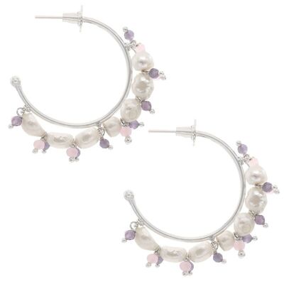 Boucles d'oreilles créoles Goby argent perle et violet