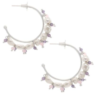 Goby silver pearl and purple hoop earrings