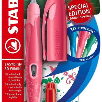 Penna stilografica - Blister x 1 STABILO EASYbirdy 3D Wildlife destrorsa + 1 chiave di regolazione - farfalla rosa