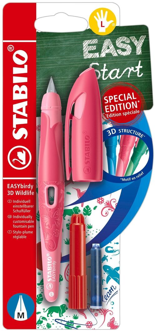 Stylo-plume - Blister x 1 STABILO EASYbirdy 3D Wildlife gaucher + 1 clé de réglage - rose papillon