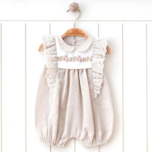 A Pack of Four Sizes Girl Natural Linen Embrodried Romper 0-12M