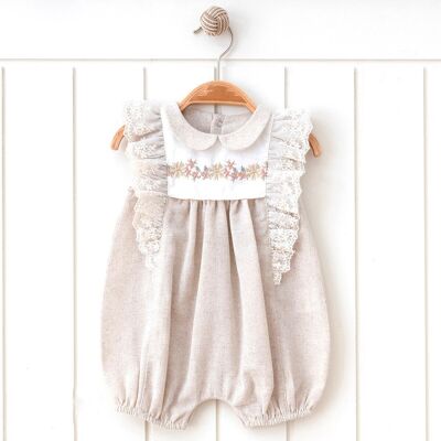A Pack of Four Sizes Girl Natural Linen Embrodried Romper 0-12M