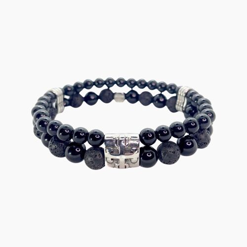 Double beaded men's bracelet - Hydra Black(lava) - Black