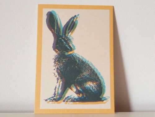 Osterkarte Postkarte Ostern "Hase" -  farbenfroher Osterhase auf wertiger Holzschliffpappe begrüßt den Frühling und schickt liebe Ostergrüße