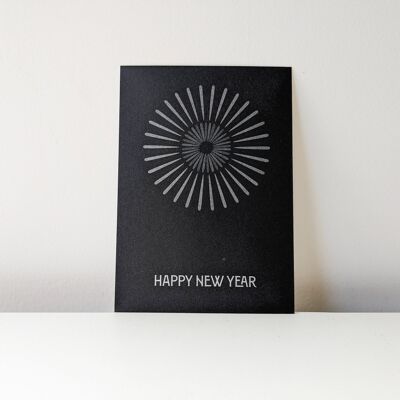 Happy New Year - Frohes Neues in Retrodesign in silber auf schwarz
