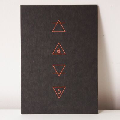 Postal "Cuatro elementos": los símbolos de los cuatro elementos impresos en coral y marrón oscuro sobre cartón de madera maciza