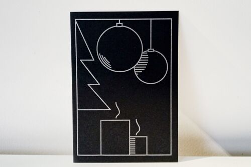 Postkarte "Outline Kerzen Kugeln Tannenbaum" - Weihnachtsgrafik in silberner Druckfarbe