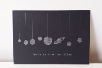 Carte postale de Noël "Planètes" - Joyeux Noël à tous !!! ...imprimé sur des étendues noires infinies sur du papier noir et blanc 1