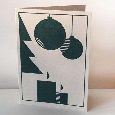 Klappkarte "Kerzen Kugeln Tannenbaum" - Weihnachtsstimmung in dunkelgrün gedruckt auf Zuckerrohrpapier inkl. Umschlag