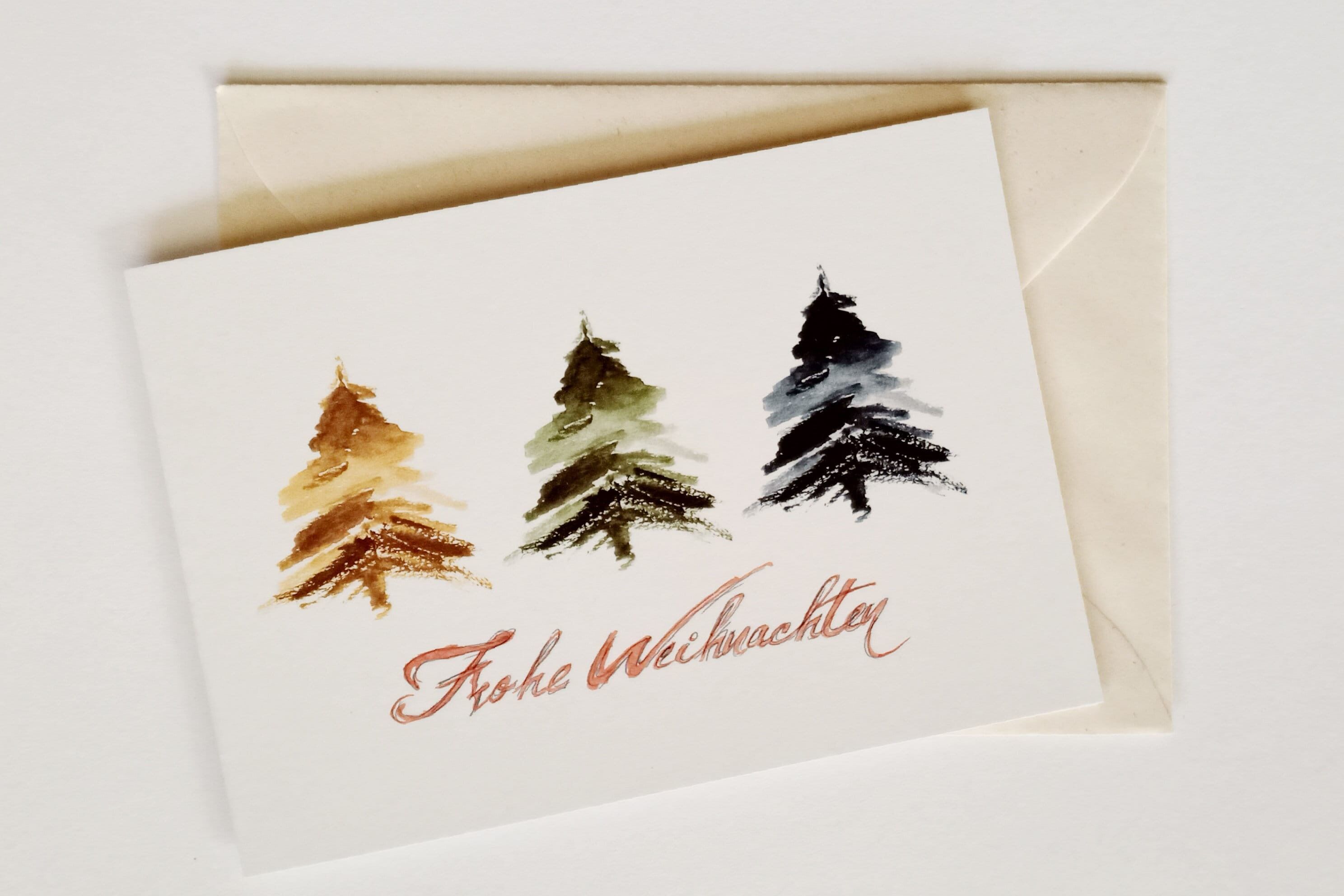 Biglietto natalizio pieghevole "Abeti" Alberi di Natale con effetto acquerello stampato su carta riciclata incl. busta