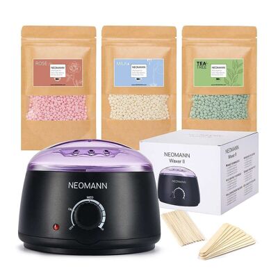 NEOMANN Waxer II Set de Depilación - Máquina de cera con revestimiento de teflón + perlas de 300g + 20 espátulas para depilación con cera profesional