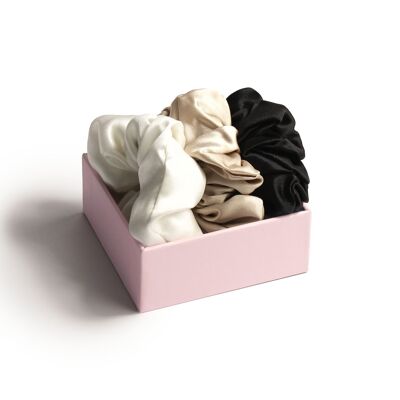 Scrunchie Trío de coleteros de fijación suave champán, marfil, negro