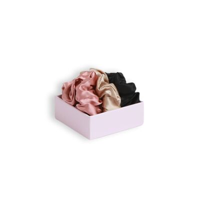 Scrunchie Trio of soft hold scrunchies black, champagne, old pink