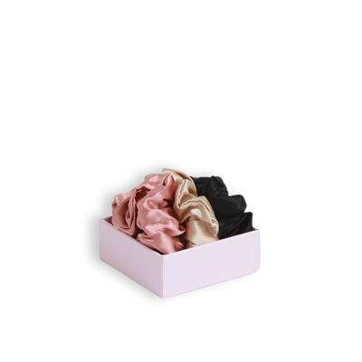 Scrunchie Trio of soft hold scrunchies black, champagne, old pink