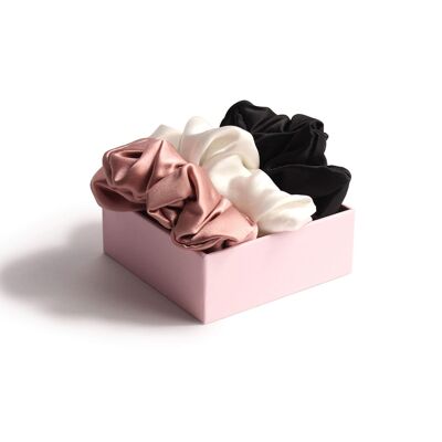Scrunchie Trio of firm hold scrunchies black, ivory, old pink