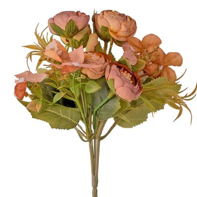 5-branch hydrangea and tea rose silk flower bouquet, 25cm magas - Yellowish mallow