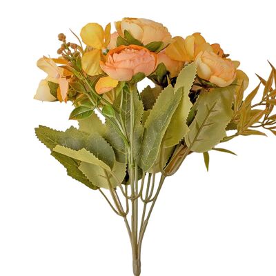 5-zweigiger Hortensien- und Teerosen-Seidenblumenstrauß, 25 cm groß – Gelblicher Pfirsich