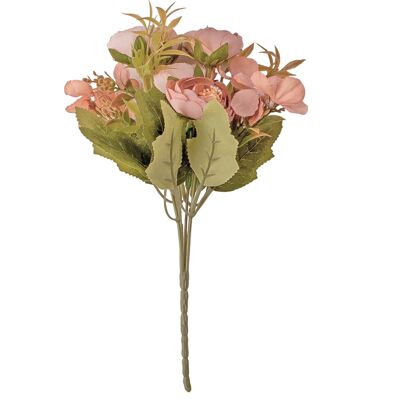 5-zweigiger Hortensien- und Teerosen-Seidenblumenstrauß, 25 cm groß – Puderrosa