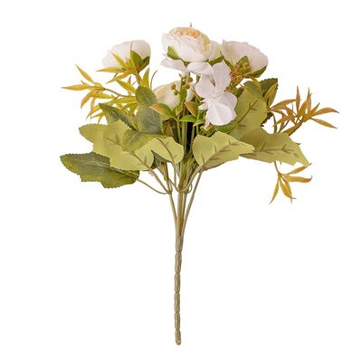 5-zweigiger Hortensien- und Teerosen-Seidenblumenstrauß, 25 cm groß – Weiß