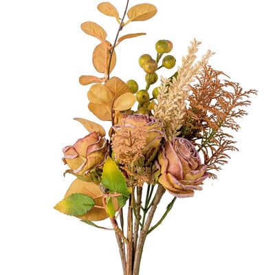 Rose avec cornouiller, épis de maïs et branche de baies, bouquet de fleurs artificielles de 34 cm de haut