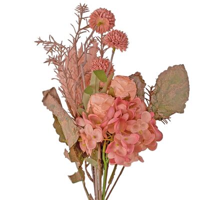 Combinaison de roses, hortensias, pissenlits, romarins, herbes de la pampa - bouquet de fleurs artificielles de 42 cm de haut, composition rose