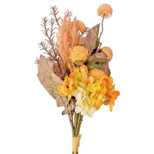 Rose, hydrangea, dandelion, rosemary, pampas grass combination - 42cm high artificial flower bouquet, yellow composition