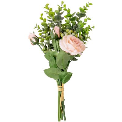 Ramo de flores artificiales con rosas, ramas de eucalipto y bayas, 33 cm de altura - Con rosas de color rosa claro