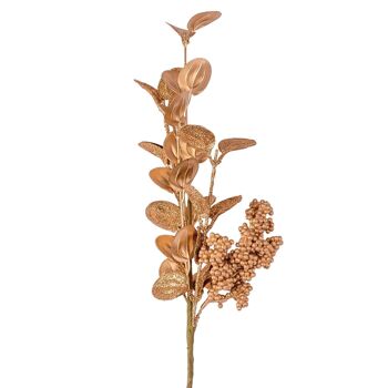 Branche de baies en forme de feuille de pommier dorée métallisée et pailletée, 49 cm de haut