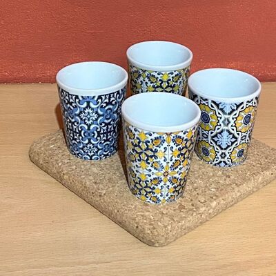 MARTELINHO porcelain liquor cups with tile patterns - set of 4 plus cork tray