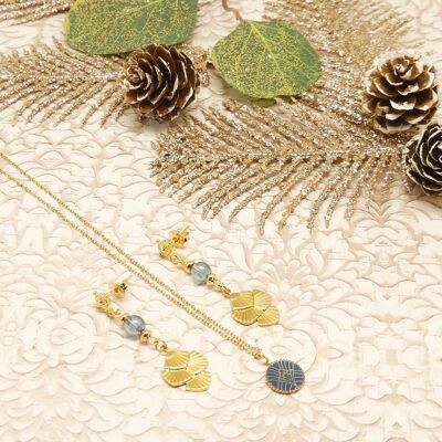 Art-Deco-Ohrringe und Halskette im Set aus blauen Goldperlen und minimalistischem Harz