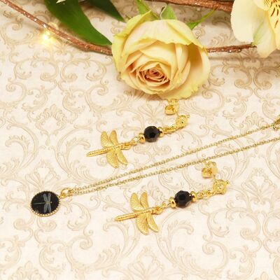 Pendientes y collar de libélula en oro negro con perlas y resina minimalista