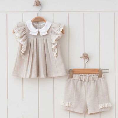 A Pack of Five Sizes 3-24 Girl Natural Linen Specially Sewn Top and Shorts Set
