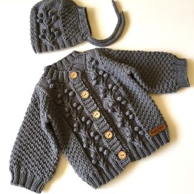 Organic Hand Knitted Lemon Tree Baby Cardigan and Bonnet