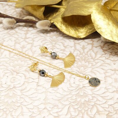 Goldgraues Art-Deco-Set aus Ohrringen und Halskette, Perlen und minimalistischem Ginkgoblatt aus Harz