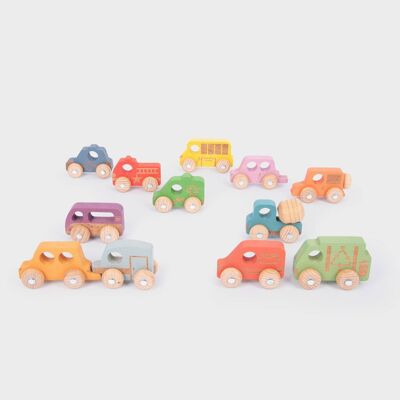 Set di veicoli in legno arcobaleno - Pk12